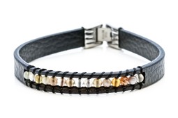 Image de Leder Armband mit Botswana Achat Kugeln 3mm, 20cm Edelstahl Armband