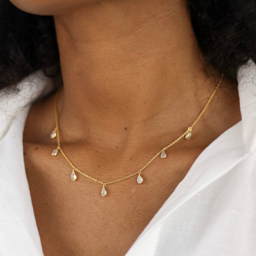 Vedere dettagli per "7 x gocce di pietra di luna" 3x5mm collana 40+4cm. Placcato oro 1 micron Immagine di "7 x gocce di pietra di luna" 3x5mm collana 40+4cm. Placcato oro 1 micron