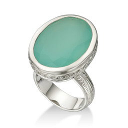 Vedere dettagli per Anello in Calcedonio verde cesellato, argento 925 Immagine di Anello in Calcedonio verde cesellato, argento 925