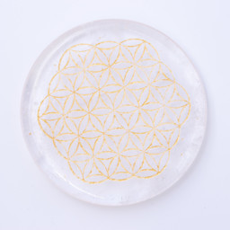 Image de Bergkristall Disc 50x6mm "Blume des Lebens" mit Gravur goldfarben