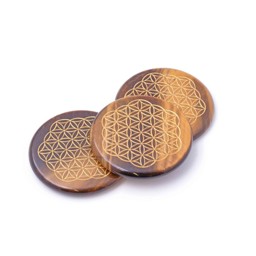 Vedere dettagli per Occhio di tigre 50x6mm "Fiore della vita" con incisione color oro Immagine di Occhio di tigre 50x6mm "Fiore della vita" con incisione color oro