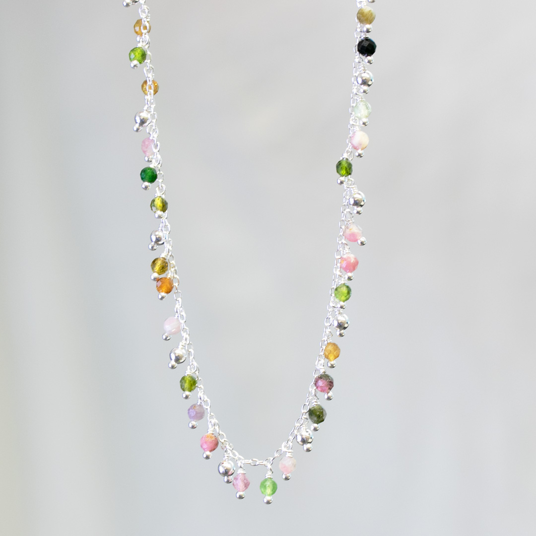 Bild von Multicolor Turmalin "Amina-Silber" Halskette mit fac. 3mm Steine. 40cm plus 5cm Verlängerungskette. Silber 925 